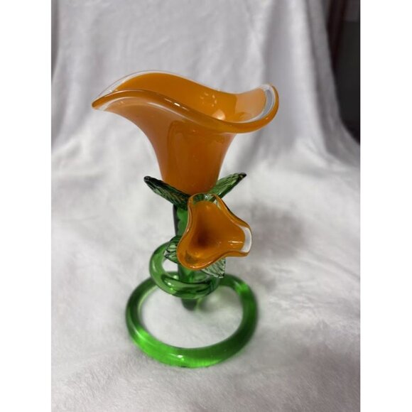 Handcrafted Orange & Green Art Glass Lily Flower Figurine Candle Holder - Picture 3 of 11
